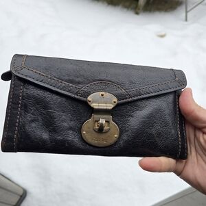 Long Live Vintage Fossil Black Zip Wallet Turn Lock Leather